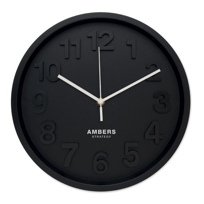 Werbeartikel Wanduhr aus PP – schwarz – mit Logo bedruckt geräuschloses Uhrwerk analoge Wanduhr für das Büro