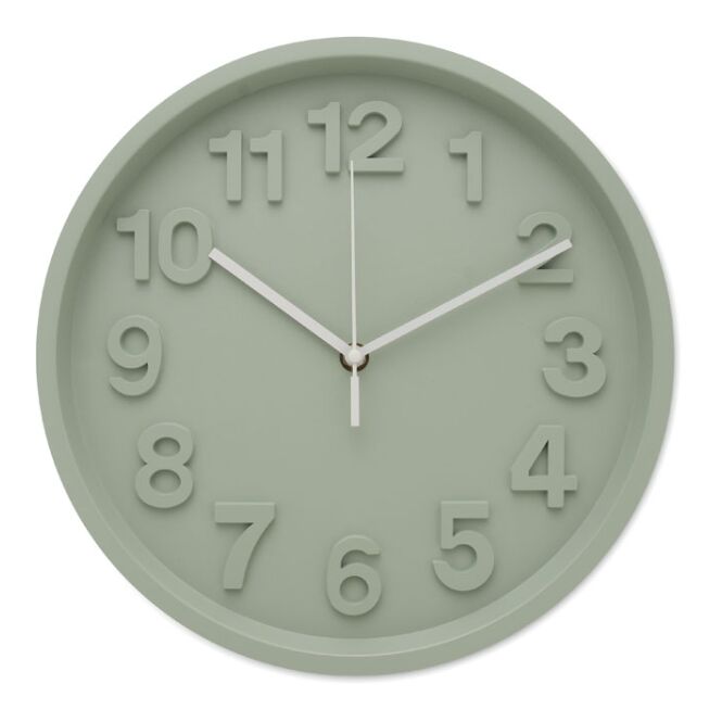 Werbeartikel Wanduhr aus PP – grün – mit Logo bedruckt, geräuschloses Uhrwerk, übersichtliche Bürouhr für Messen und Events