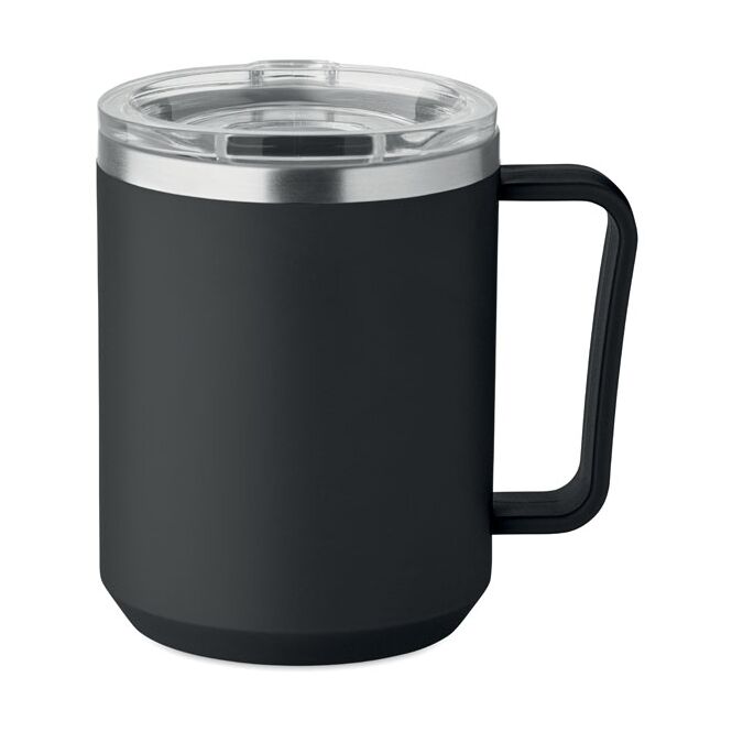 Firmengeschenk Thermobecher Doppelwandiger Becher – schwarz – mit Logodruck 400 ml für die Büroküche und das Mitarbeiter-Onboarding