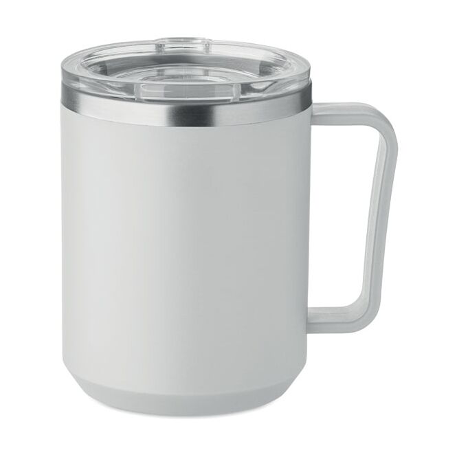 Firmengeschenk Thermobecher Doppelwandiger Becher – grau – mit Logodruck 400 ml nachhaltiger Becher für die Büroküche