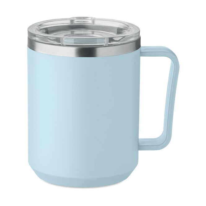 Werbeartikel Thermobecher Doppelwandiger Becher – himmelblau – mit Logodruck 400 ml nachhaltiger Mehrwegbecher für die Büroküche
