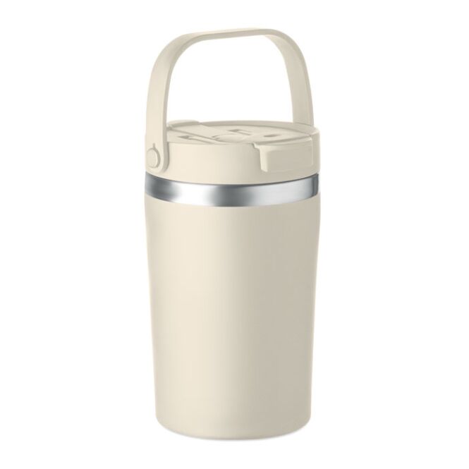 Premium-Werbeartikel Doppelwandiger Becher aus recyceltem Edelstahl 350 ml – beige – mit Logo bedruckt für Teamevents