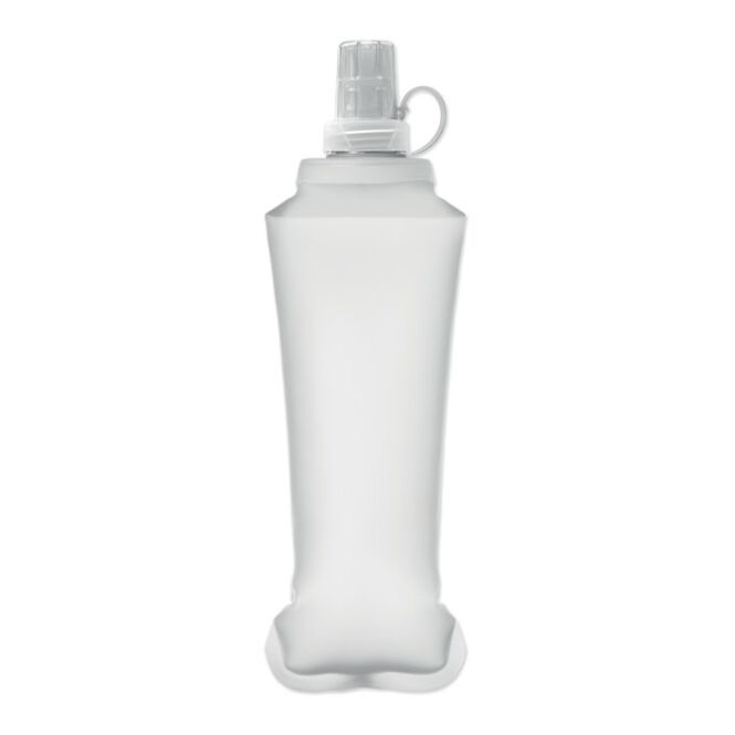 Sport-Werbemittel Faltbare Wasserflasche – transparent weiss – mit Logo bedruckt 500 ml aus TPU mit Beißventil für Sportevents & Turniere