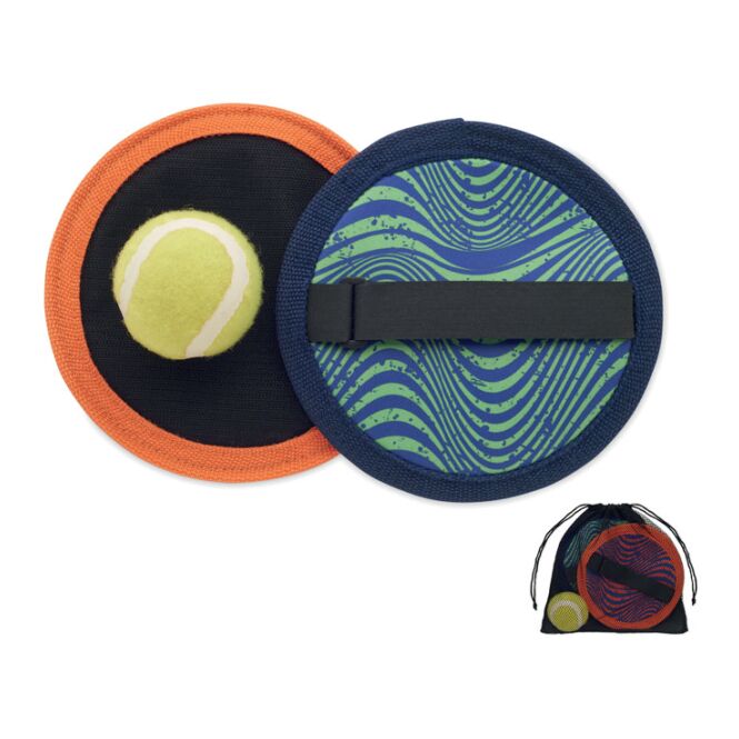 Werbeartikel Ballfangspiel aus Neopren – bunt – mit Logo bedruckt im rPET Mesh Beutel mit 2 Fangtellern für Firmen-Events