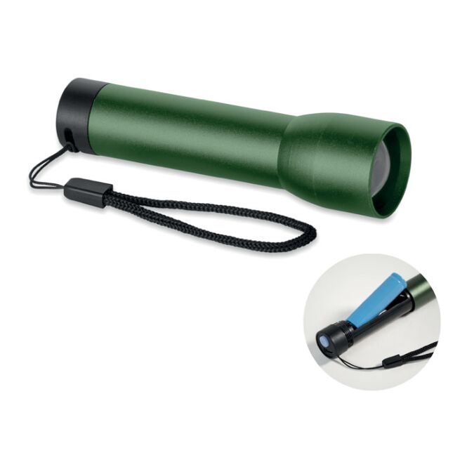 Werbeartikel Taschenlampe aus recyceltem Aluminium – dunkelgrün – mit Werbedruck 14500-Lithiumbatterie Zoomfunktion helle Handleuchte