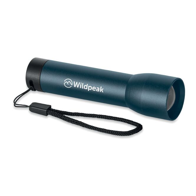 Mitarbeitergeschenk Taschenlampe Wiederaufladbare Taschenlampe – marineblau – mit Werbedruck aus recyceltem Aluminium mit Zoomfunktion