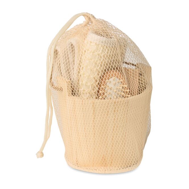 Mitarbeitergeschenk Bade-Set Holzeimer – holzfarben – mit Werbedruck inklusive Bürste, Rückenschrubber und Peeling-Handschuh