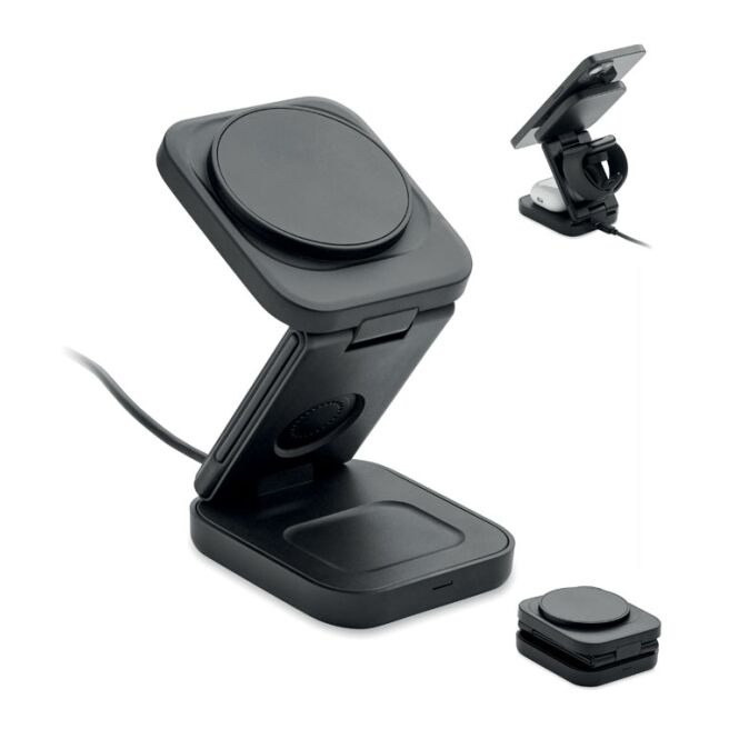 Firmengeschenk 3in1 Wireless Charger – schwarz – mit Logo bedruckt 15W USB-C für das Homeoffice und als edles Kundenpräsent