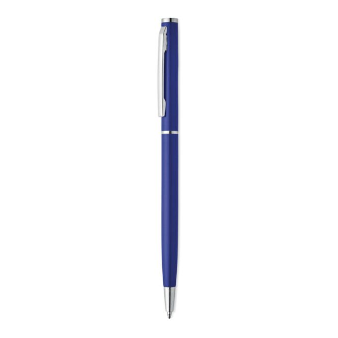 Firmengeschenk Drehkugelschreiber recy. Alu – blau – mit Logo bedruckt blau schreibend nachhaltig für den Büroalltag