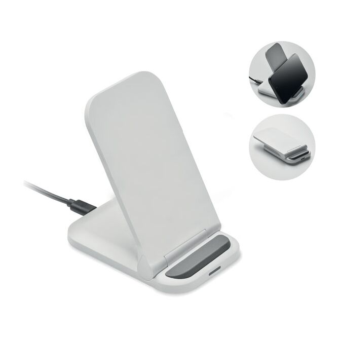 Premium-Werbeartikel Faltbare Ladestation 15W – weiss – mit Logo bedruckt Qi-Standard USB-C für das Homeoffice oder als Kundenpräsent