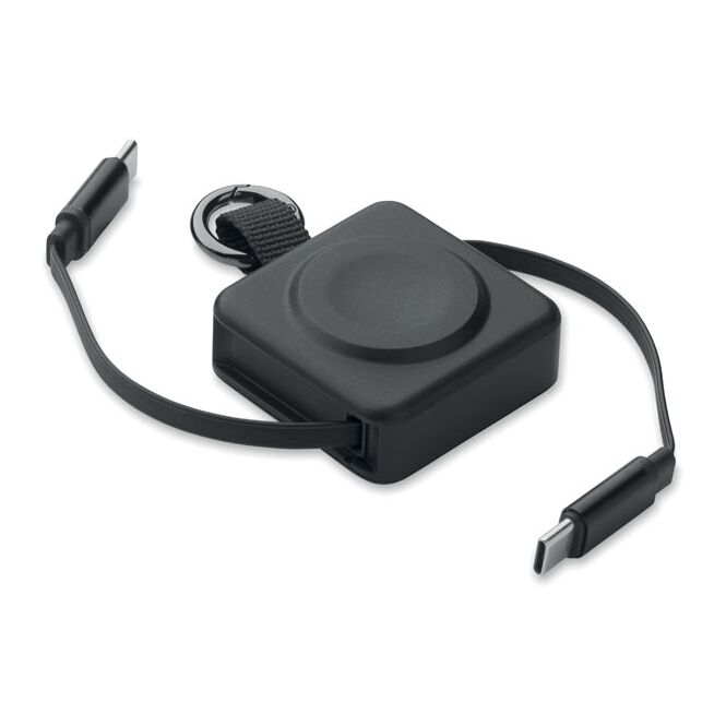 Werbeartikel Einziehbares 100W-Typ-C-Kabel – schwarz – mit Logo bedruckt 100W mit Smartwatch-Ladestation für Technik-Messen und Büroalltag