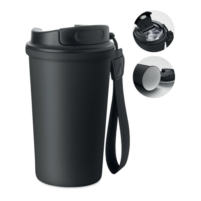 Kundengeschenk Thermobecher recycelter Edelstahl – schwarz – mit Logodruck 400 ml nachhaltiger Becher für das Mitarbeiter-Onboarding