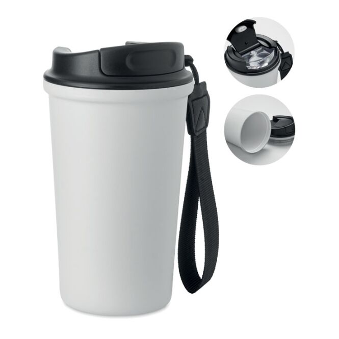Firmengeschenk Thermobecher recy. Edelstahl – weiss – mit Logodruck 400 ml nachhaltig für das Mitarbeiter-Onboarding