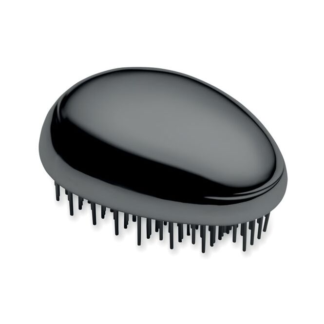 Messe-Werbemittel Haarbürste Anti-Tangle – schwarz – mit Logo bedruckt aus abs und aluminium für Kosmetikstudios & Beauty-Salons