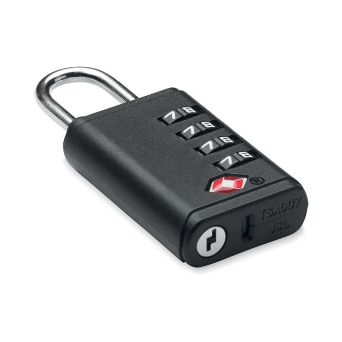 Firmengeschenk 4-stelliges TSA Zahlenschloss ABS Eisen – schwarz – mit Logo bedruckt für Messen & Promotion