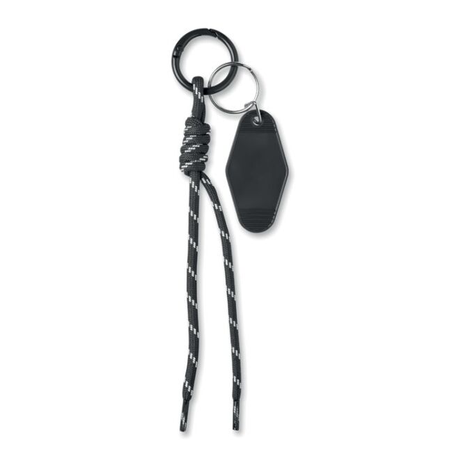 Werbegeschenk Schlüsselring mit Schnur 6x3 cm – schwarz – mit Logo bedruckt aus ABS & Zinklegierung als praktisches Messe-Giveaway