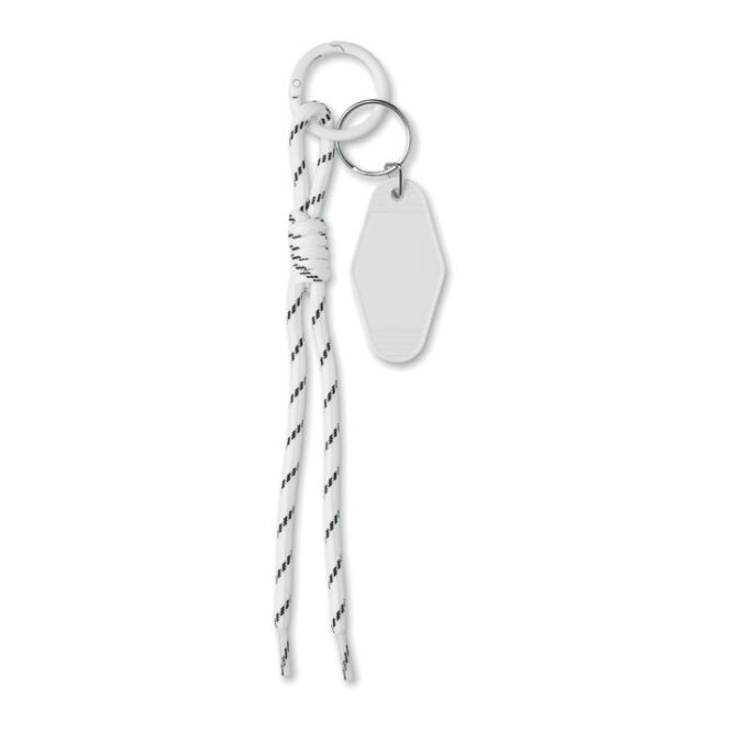 Werbeartikel Schlüsselanhänger mit Schnur 6x3 cm – weiss – mit Logo bedruckt als praktisches Messe-Giveaway für Firmen