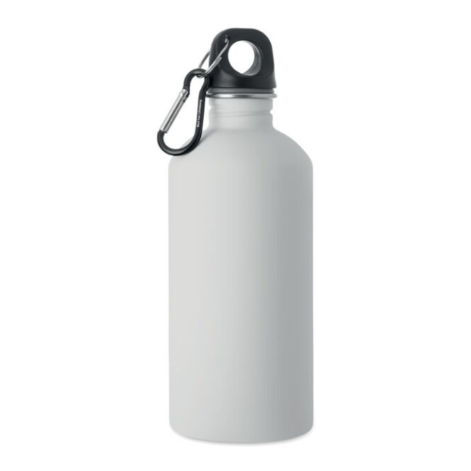Sport-Werbemittel Trinkflasche aus recyceltem Edelstahl – transparent – mit Logo bedruckt 500 ml auslaufsicher nachhaltig für Sportevents