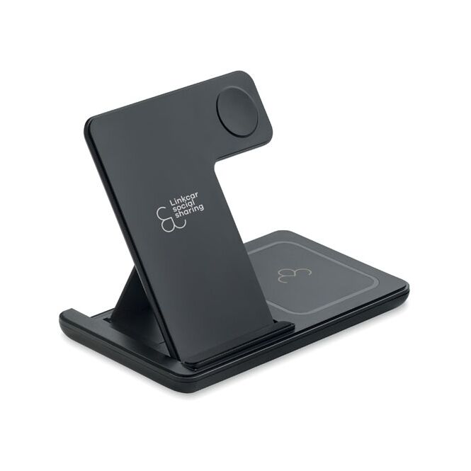 Premium-Werbeartikel 3in1 Wireless Charger 15W – schwarz – mit Logo bedruckt für das Homeoffice und Mitarbeiter-Onboarding