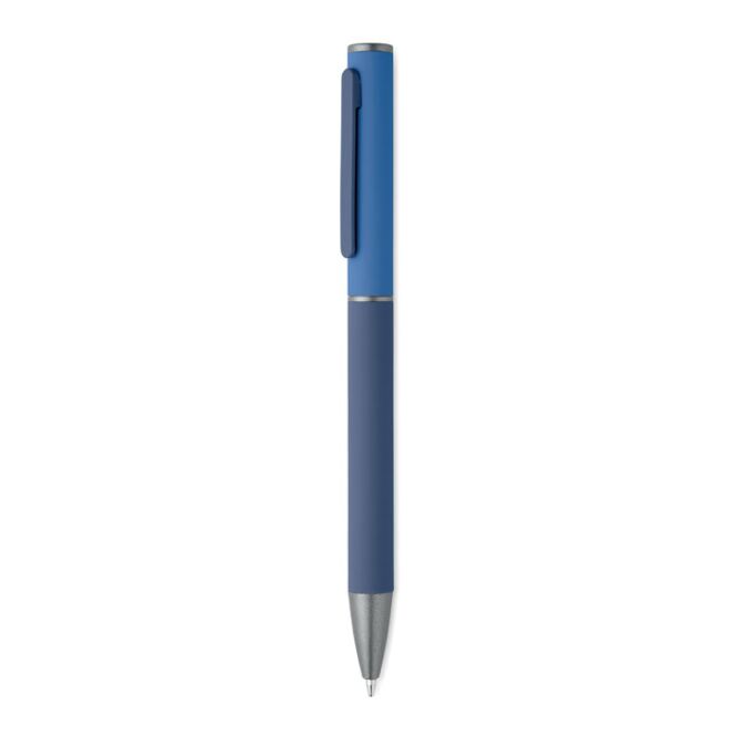 Firmengeschenk Drehkugelschreiber recy. Alu – blau – mit Logo bedruckt, blau schreibend für den Büroalltag