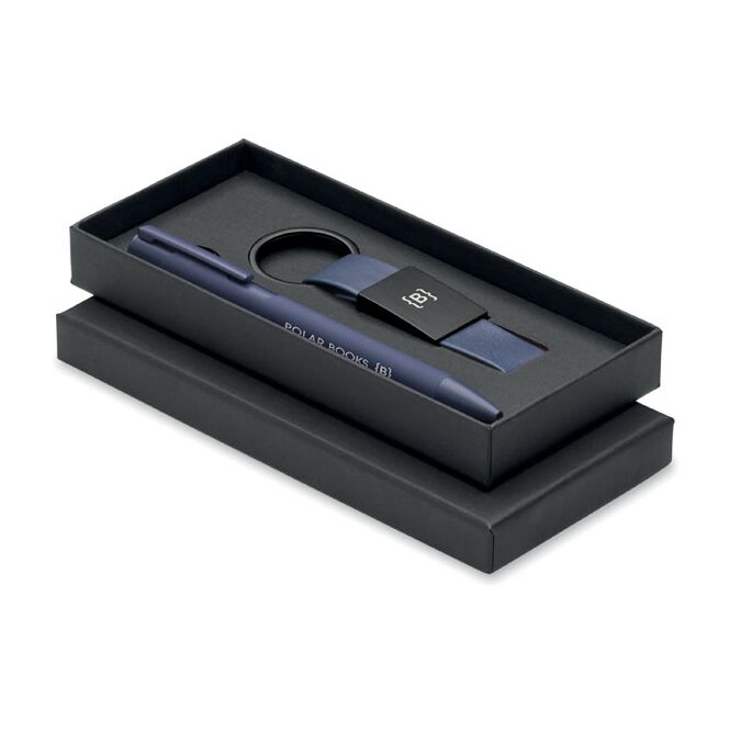 Firmengeschenk 2-teiliges Schreibset aus recyceltem Aluminium – blau – mit Logo bedruckt, blau schreibender Druckkugelschreiber für den Büroalltag