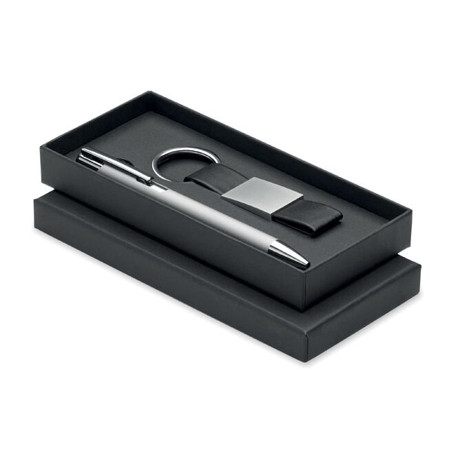 Kundengeschenk 2-teiliges Schreibset aus recyceltem Aluminium – silber – mit Logo bedruckt, Druckkugelschreiber blau schreibend für Konferenzen
