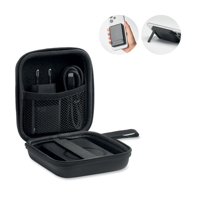 Werbeartikel Reise-Set 5000mAh Powerbank – schwarz – mit Logo bedruckt