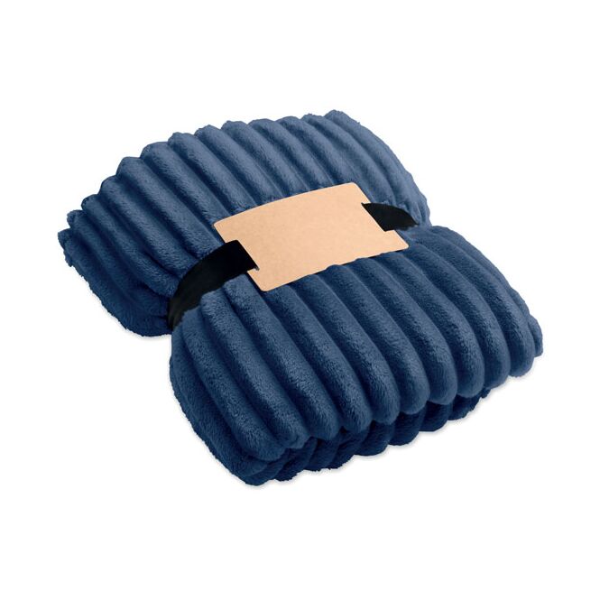 Werbeartikel nachhaltige RPET-Fleece-Decke – blau – mit Logo bedruckt für Teamevents
