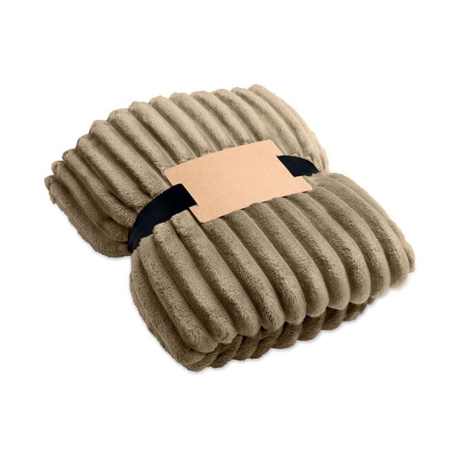 Premium-Werbeartikel nachhaltige RPET-Fleece-Decke – khaki – mit Logo bedruckt für Teamevents