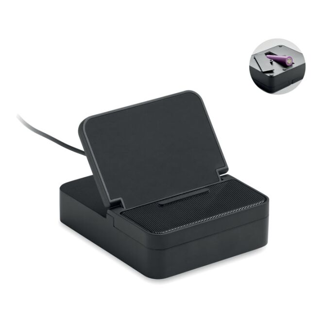 Premium-Werbeartikel Wireless Charger mit Bluetooth Lautsprecher – schwarz – mit Logo bedruckt 15W Qi-Standard für das Mitarbeiter-Onboarding