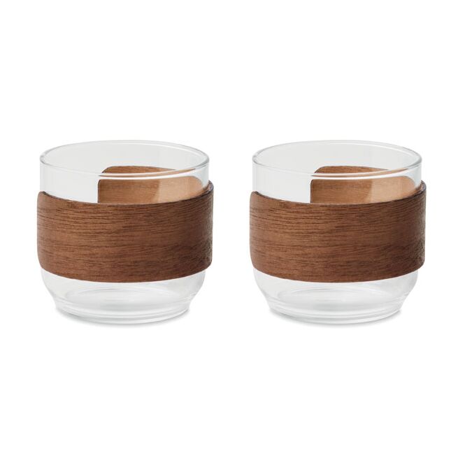 Firmengeschenk Kaffeegläser-Set Walnuss – holzfarben – mit Logodruck 120 ml für die Büroküche und Geschäftspartner