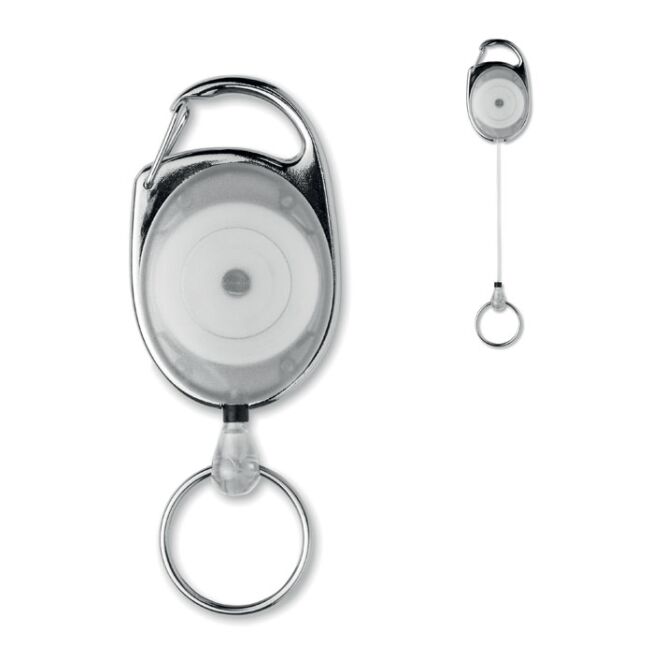 Werbeartikel Ausweishalter ABS – weiss – mit Logo bedruckt 61 cm Karabiner aus Zinklegierung als funktionales Zubehör für Messeausweise