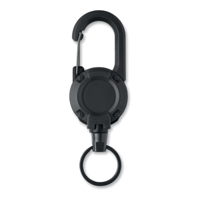 Giveaway Ausweishalter ABS – schwarz – mit Logo bedruckt 60 cm Stahlspule mit Karabiner für Messeausweise und Firmenevents