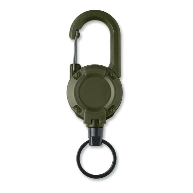 Messeartikel Ausweishalter ABS – armeegrün – mit Logo bedruckt 60 cm Stahlspule mit Karabiner für Mitarbeitergeschenke und Firmenkunden