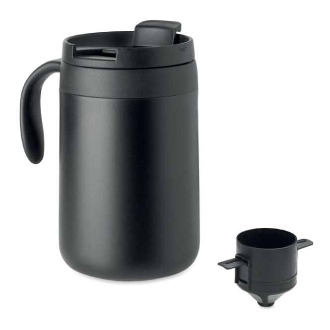 Firmengeschenk Thermobecher Doppelwandiger Becher & Filter – schwarz – mit Logodruck 450 ml für die Büroküche