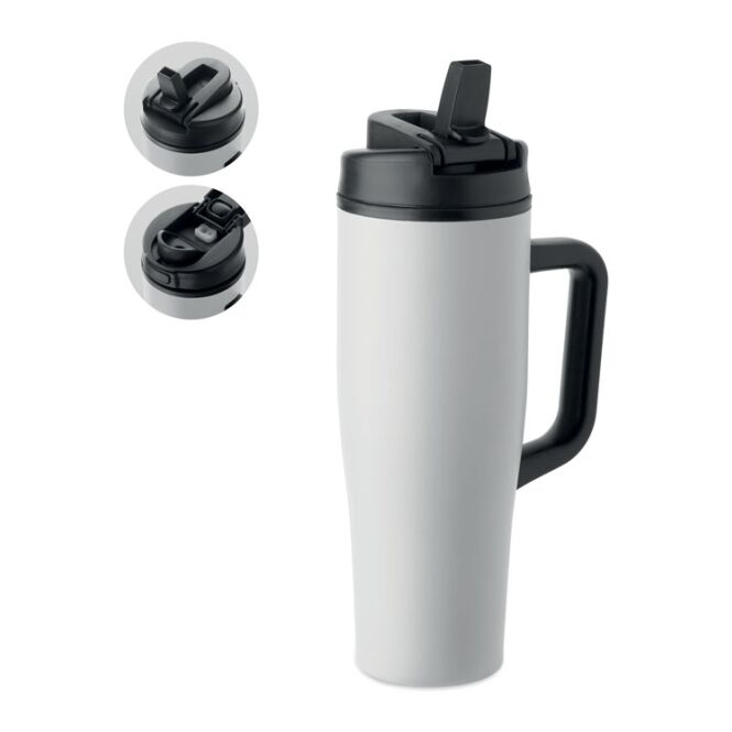 Firmengeschenk Thermobecher doppelwandig – weiss – mit Logodruck 900 ml nachhaltiger Edelstahlbecher für das Mitarbeiter-Onboarding