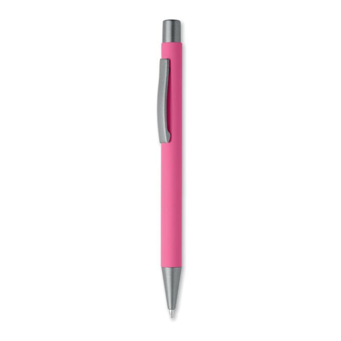 Werbeartikel Druckkugelschreiber recy. Alu – fuchsia – mit Logo bedruckt, blau schreibend, ideal für den Büroalltag