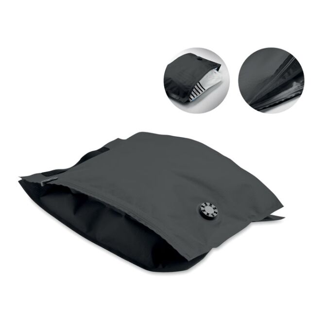 Firmengeschenk Reise-Vakuumbeutel 10L – schwarz – mit Logo bedruckt für Messen & Promotion