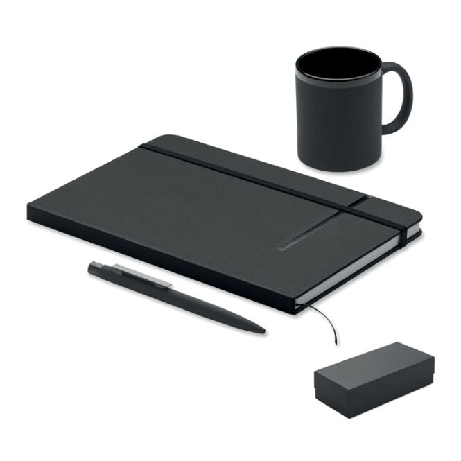 Firmengeschenk 3-teiliges Set – schwarz – mit Logo bedruckt inkl. Notizbuch DIN A5, Druckkugelschreiber & Becher für den Büroalltag