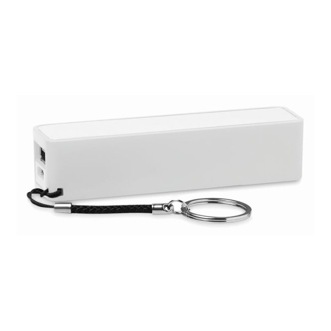 Werbeartikel Powerbank 2200 mAh – transparent – mit Logo bedruckt inkl. Schlüsselring für den Büroalltag