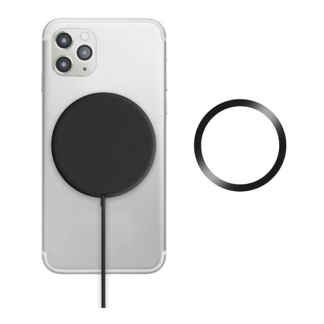 Kundengeschenk Wireless Charger ABS – schwarz – mit Logo bedruckt, 10W induktiv, für das Homeoffice oder das Mitarbeiter-Onboarding