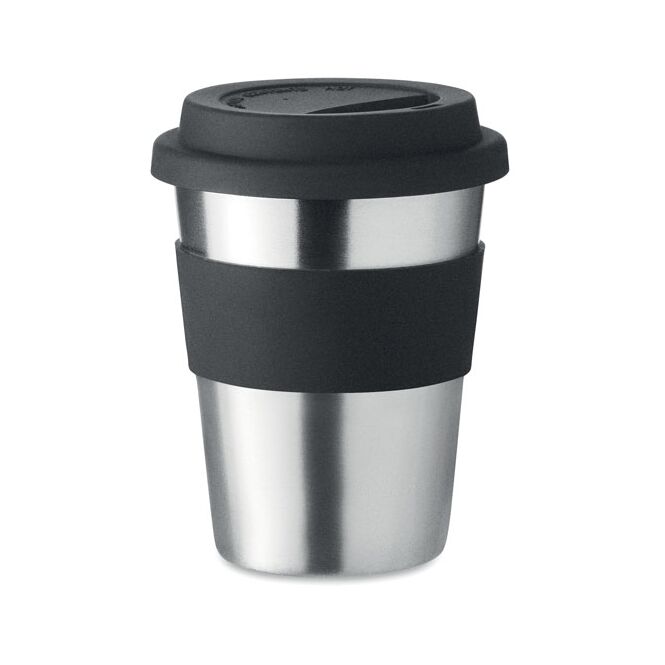 Kundengeschenk Kaffee to go Becher Edelstahl – schwarz – mit Logodruck 350 ml für die Büroküche