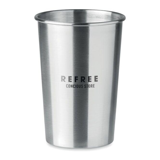 Firmengeschenk Kaffeebecher Edelstahl – transparent grau – mit Logodruck 350 ml für die Büroküche