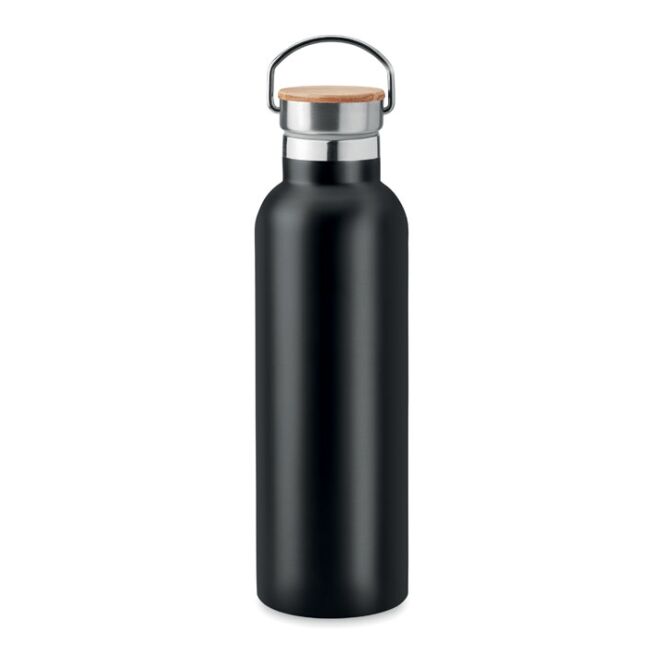 Firmengeschenk Isolierflasche Edelstahl mit Bambusdeckel – schwarz – mit Logodruck 750 ml vakuumisoliert nachhaltig für Mitarbeiter-Onboarding
