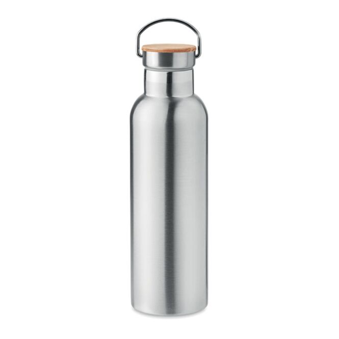 Firmengeschenk Isolierflasche Edelstahl Bambus – mattsilber – mit Logodruck 750 ml doppelwandig nachhaltig für das Mitarbeiter-Onboarding