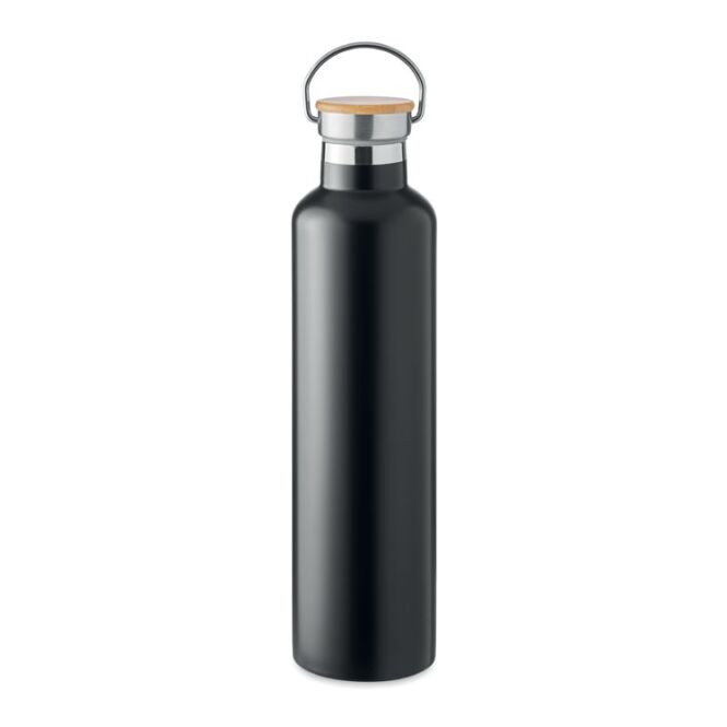 Firmengeschenk Isolierflasche Edelstahl – schwarz – mit Lasergravur 1000 ml doppelwandig nachhaltig für das Mitarbeiter-Onboarding