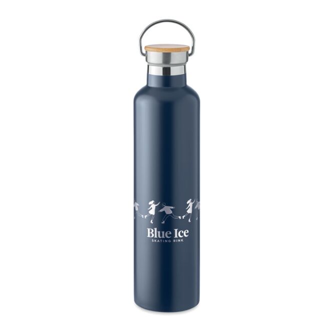 Firmengeschenk Isolierflasche Edelstahl – marineblau – mit Logodruck 1000 ml doppelwandig vakuumisoliert nachhaltig für Mitarbeiter-Onboarding