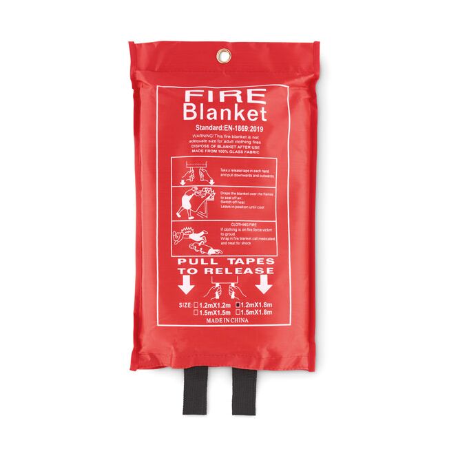Mitarbeitergeschenk Feuer-Löschdecke – rot – mit Logo bedruckt, 120x180 cm aus Glasfaser zum Schutz bei Notfällen im Betrieb