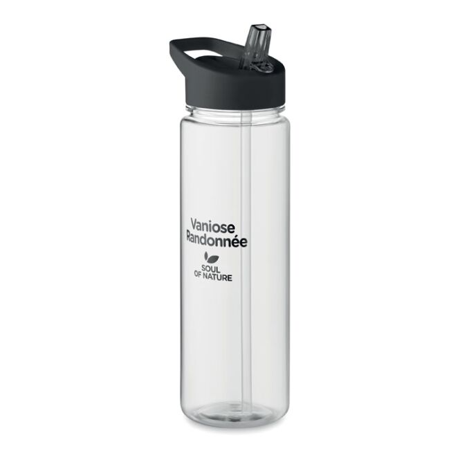 Werbeartikel Trinkflasche RPET – schwarz – mit Logo bedruckt 650ml nachhaltig mit Trinkhalm für Sportevents & Turniere