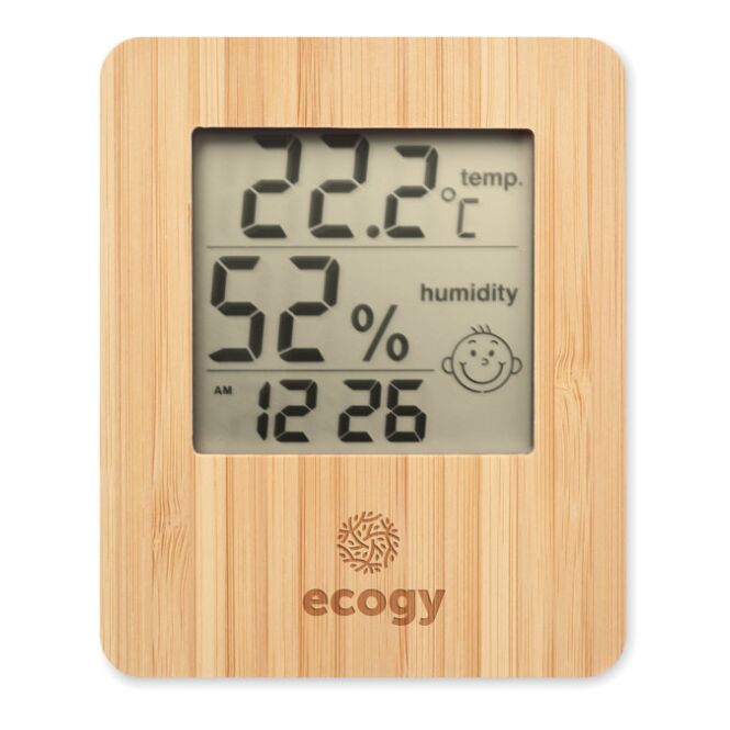 Werbeartikel Wetterstation Bambus – holzfarben – mit Logo bedruckt, mit Zeit-, Temperatur- & Kalenderanzeige, digitale Raumklimastation für das Büro